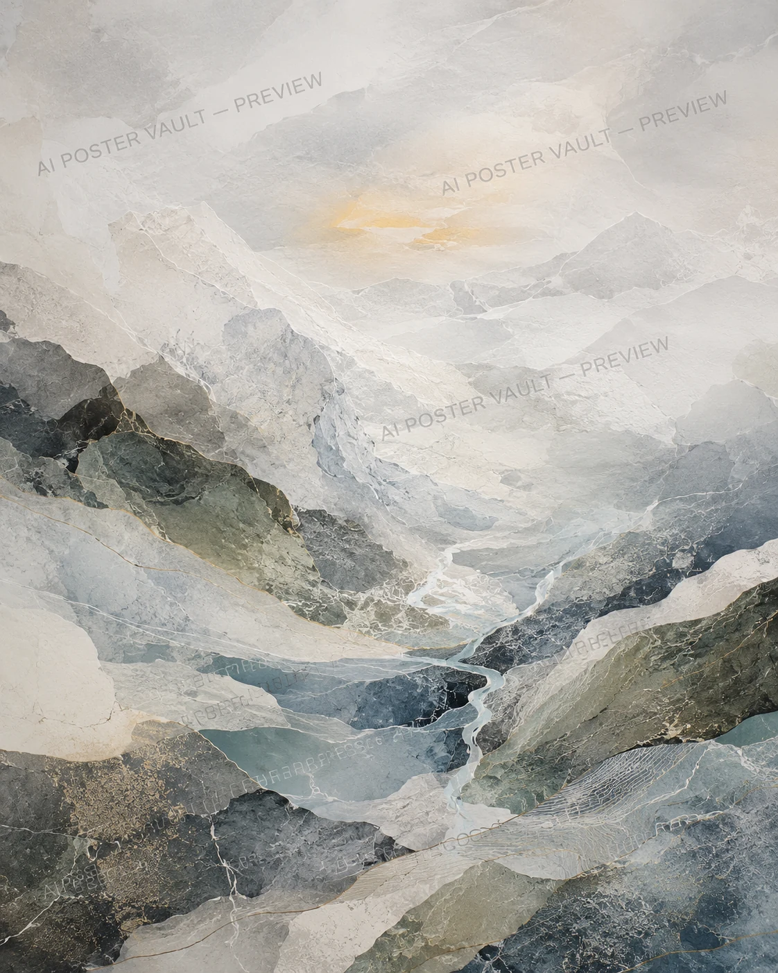Abstract mineral-textured Himalayan mountain landscape with a winding river valley in muted blue, ivory and gold