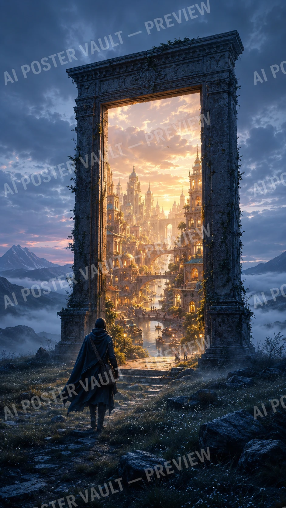 A traveller approaching an ancient stone doorway revealing a glowing golden fantasy city at dawn