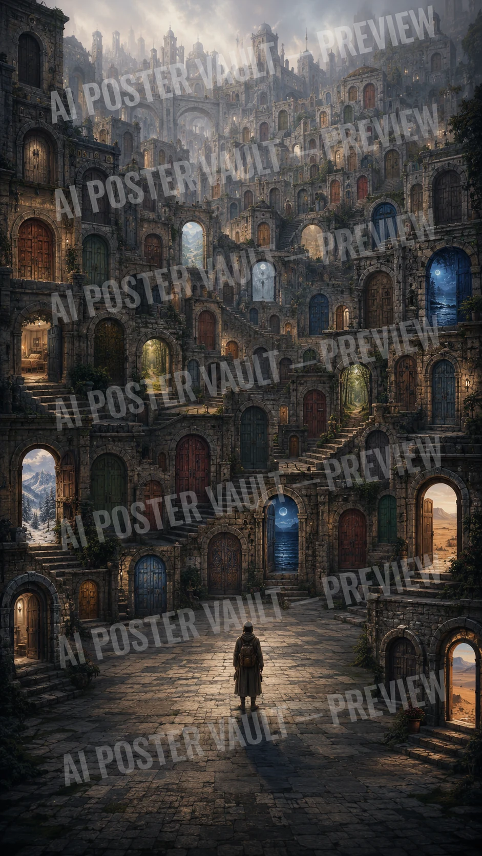 A small traveller standing in an ancient stone city carved with countless different colourful doors leading to different worlds