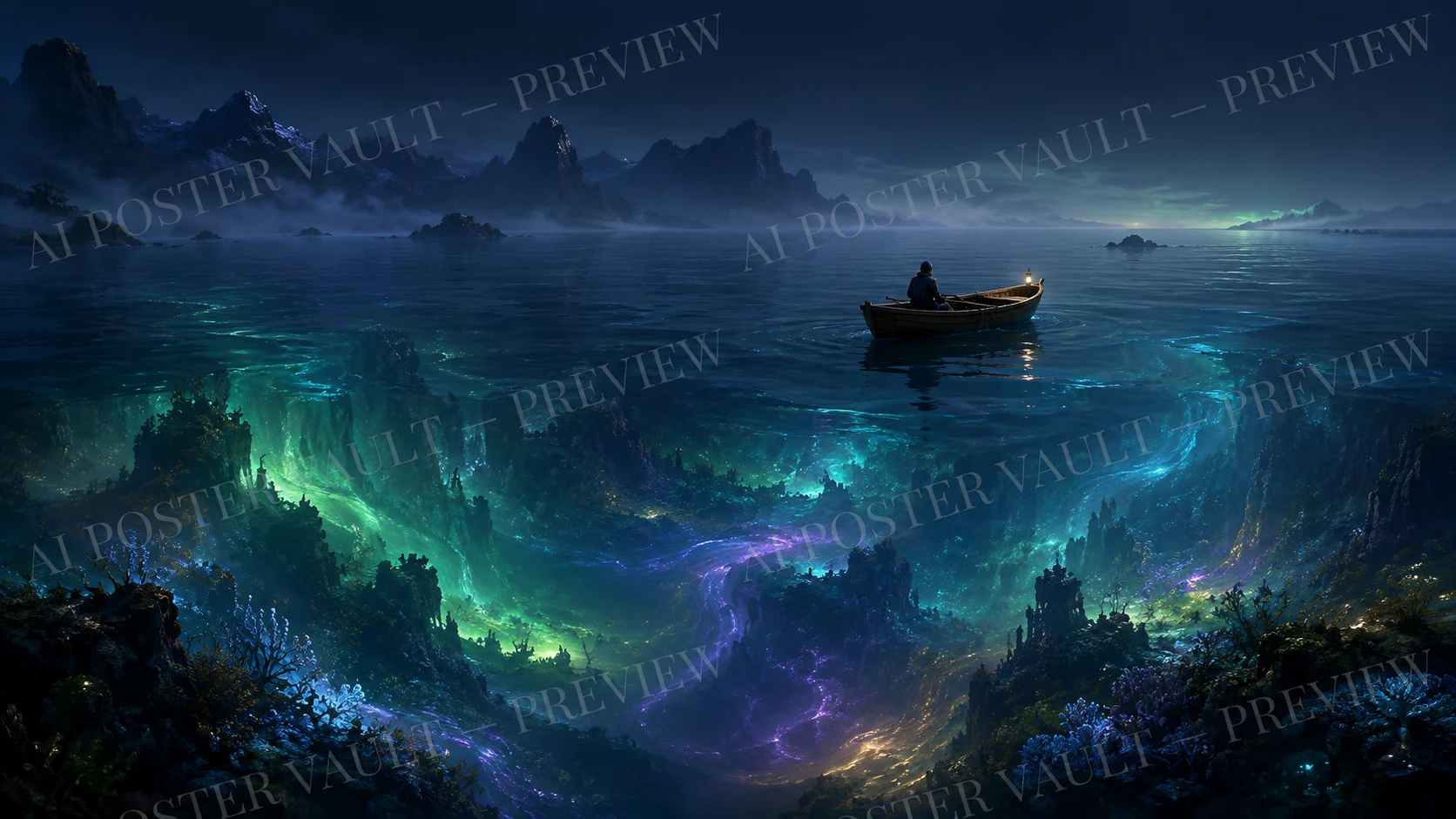 A person in a rowboat on a calm night sea above glowing green and purple aurora-like light held beneath the water