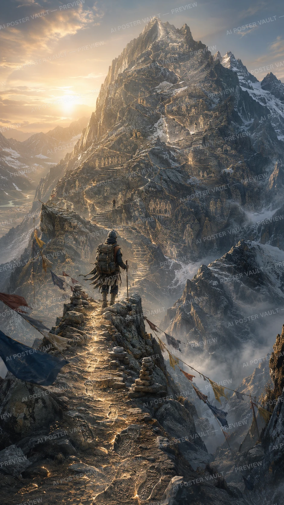 A hiker walking a prayer-flag lined ridge toward a mountain whose slopes are covered with glowing paths and ghostly traveller figures