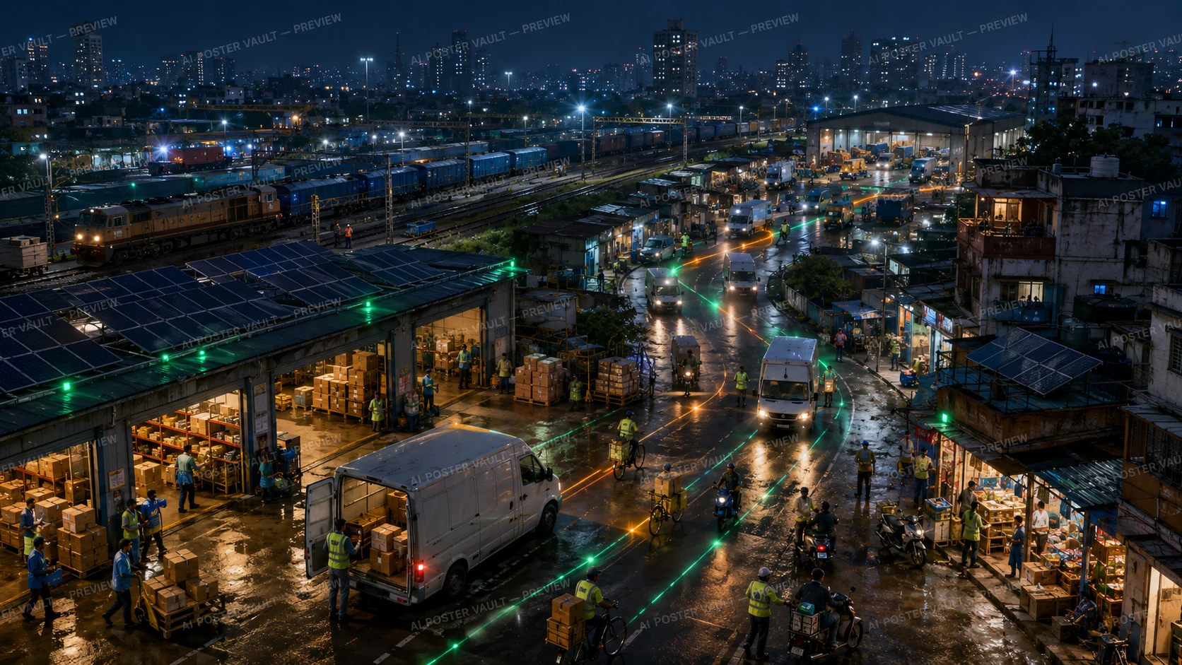 Aerial night view of an Indian city logistics hub with railway freight, solar-roofed warehouses, delivery vans and cargo cyclists