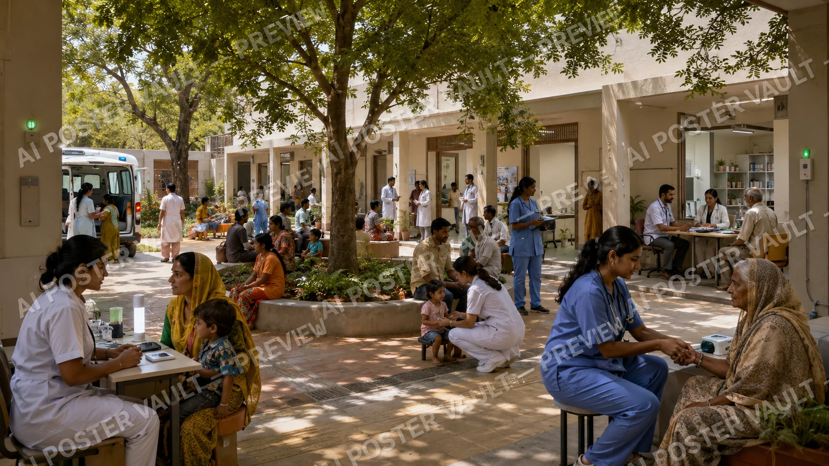 Indian community health centre courtyard with doctors, nurses and families under shade trees during outdoor consultations