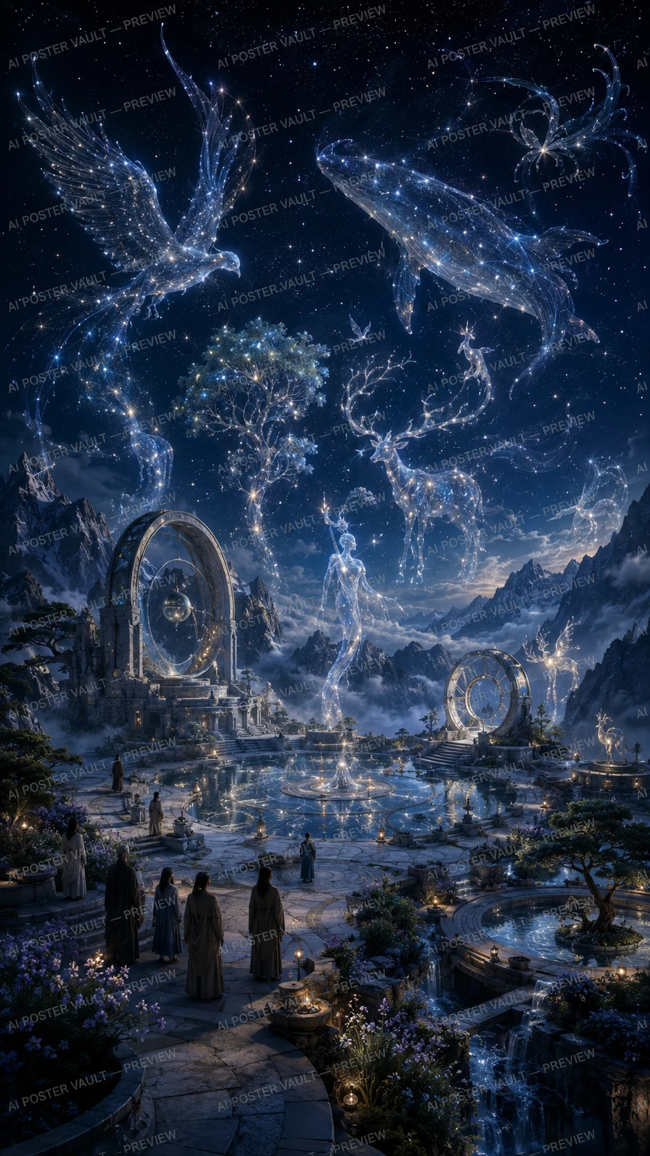 Star-formed constellation creatures including a phoenix, whale and deer descending over a mountain sanctuary with observatory rings and pools
