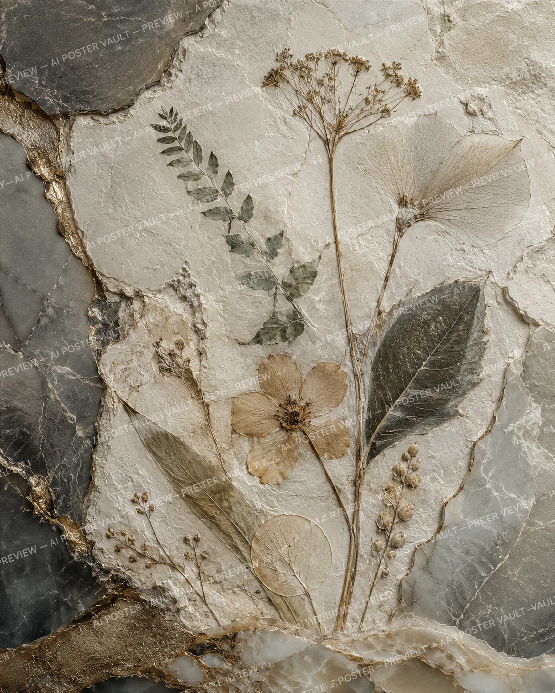Pressed flowers and leaves preserved like fossils on a fractured ivory and gold-veined stone surface