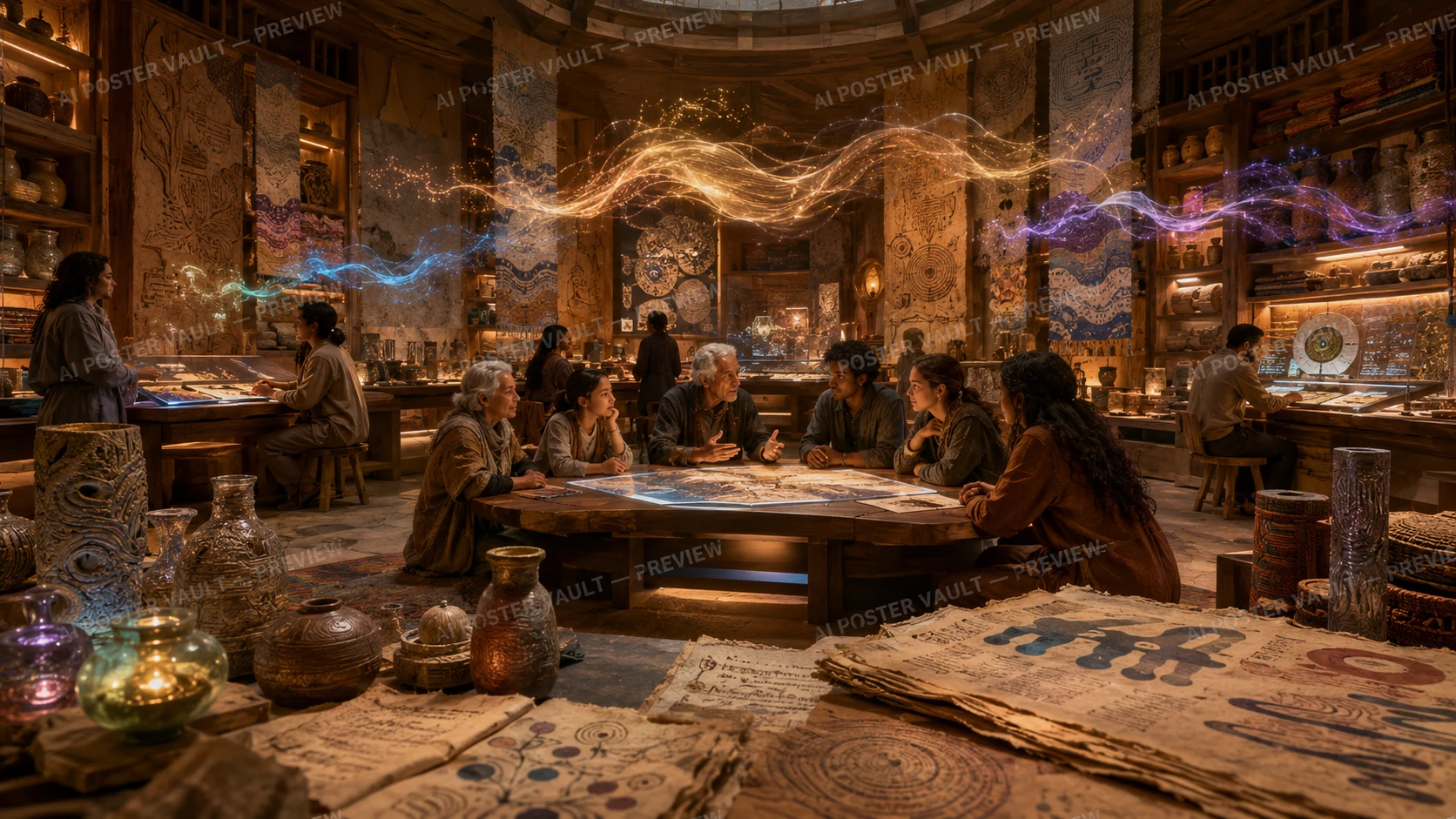 A group gathered around a map-covered table in an archive room as glowing wave-like patterns of language and memory drift overhead
