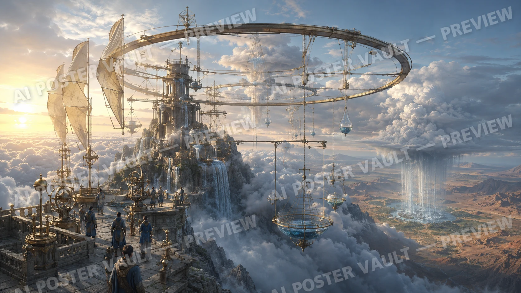 A mountain observatory above a sea of clouds with sails, waterfalls and hanging glass water-collector orbs directing rain to distant valleys