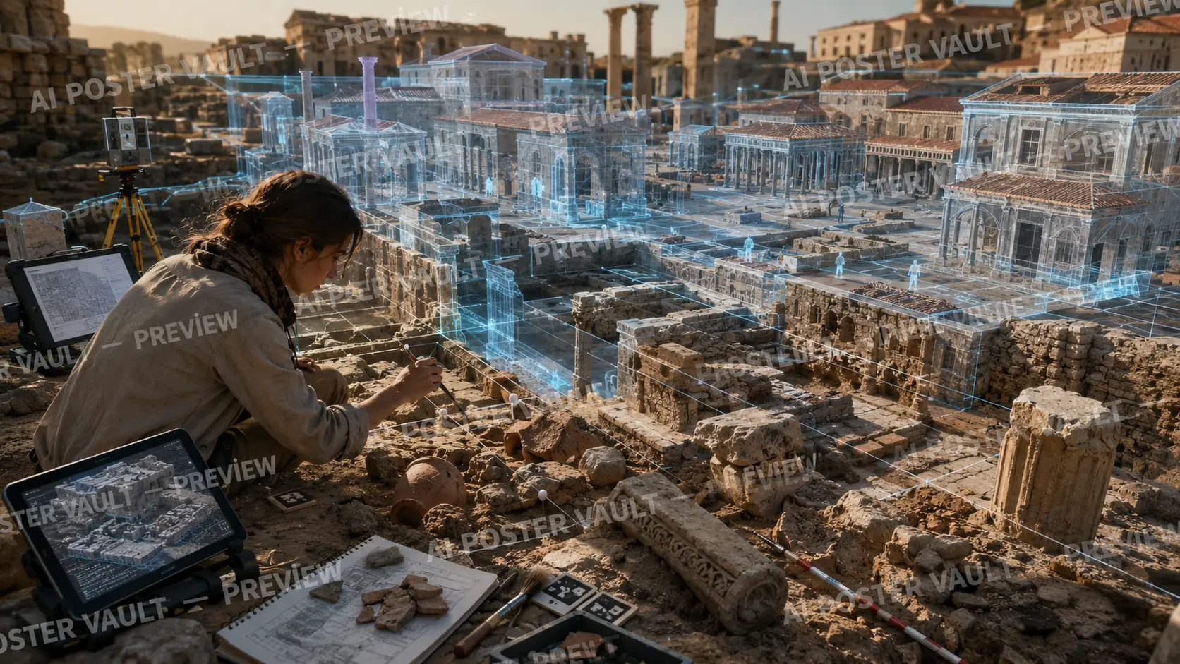 Archaeologist examining ruins at an excavation site while a holographic 3D reconstruction of the original ancient city rises above the dig, with tablets showing digital models