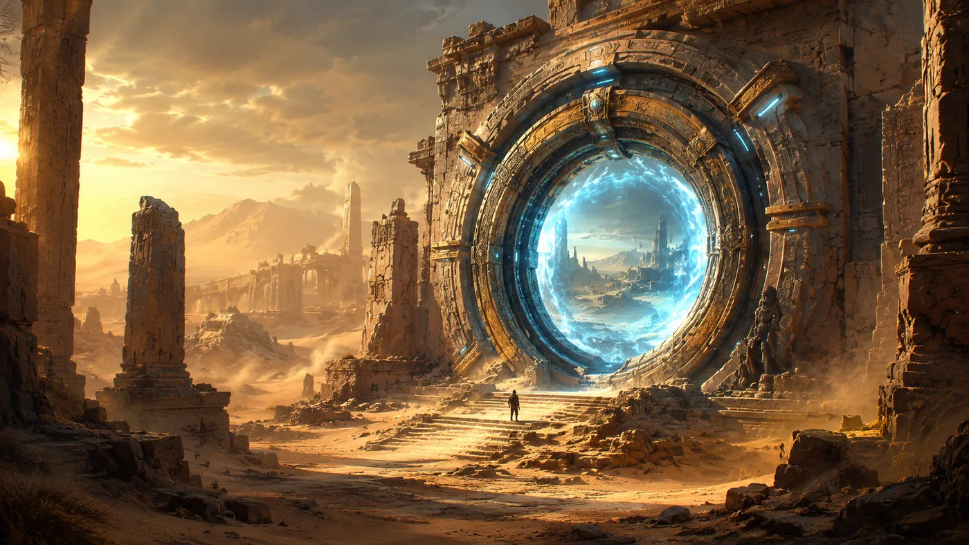 Glowing ancient sci fantasy portal standing inside mysterious desert ruins