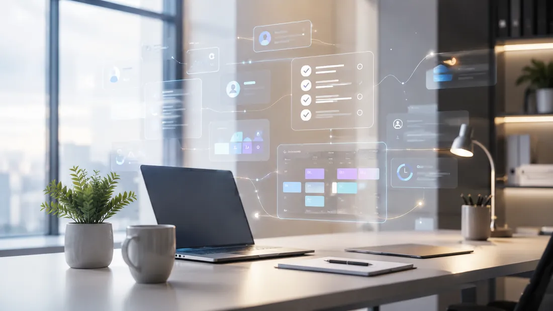 Modern office desk with a laptop and floating holographic task lists, calendar and analytics dashboards