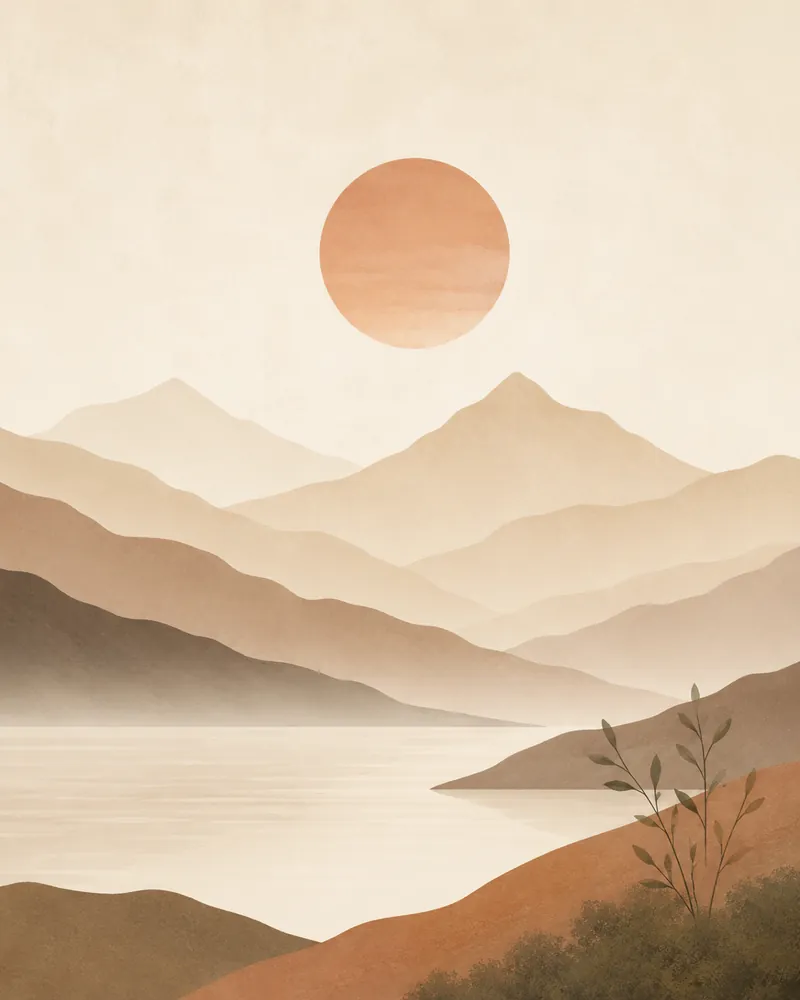 Calming minimal mountain and sun landscape printable wall art