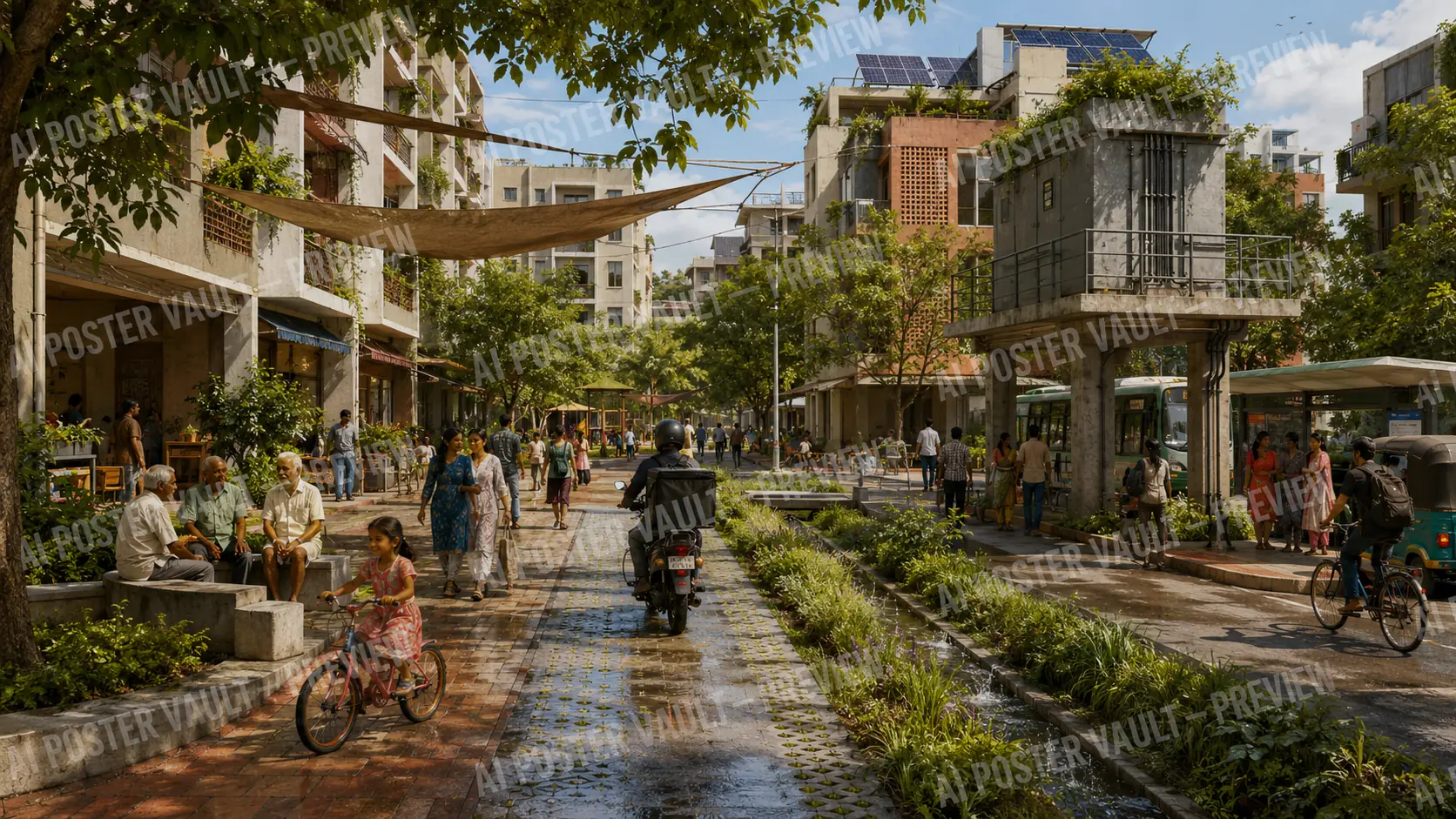 Green, tree-lined Indian residential street in 2040 with rooftop solar panels, a rainwater channel, pedestrians, cyclists and an electric bus stop