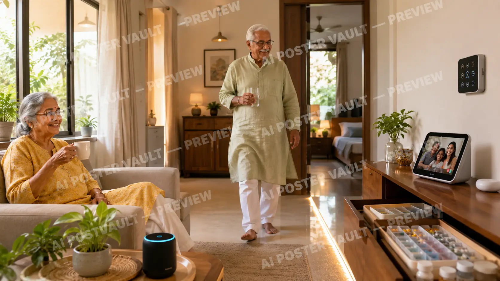 Elderly Indian couple at home, one seated with tea and one walking with a glass of water, near a video-calling smart display and an organised medicine tray, with a wall-mounted smart panel