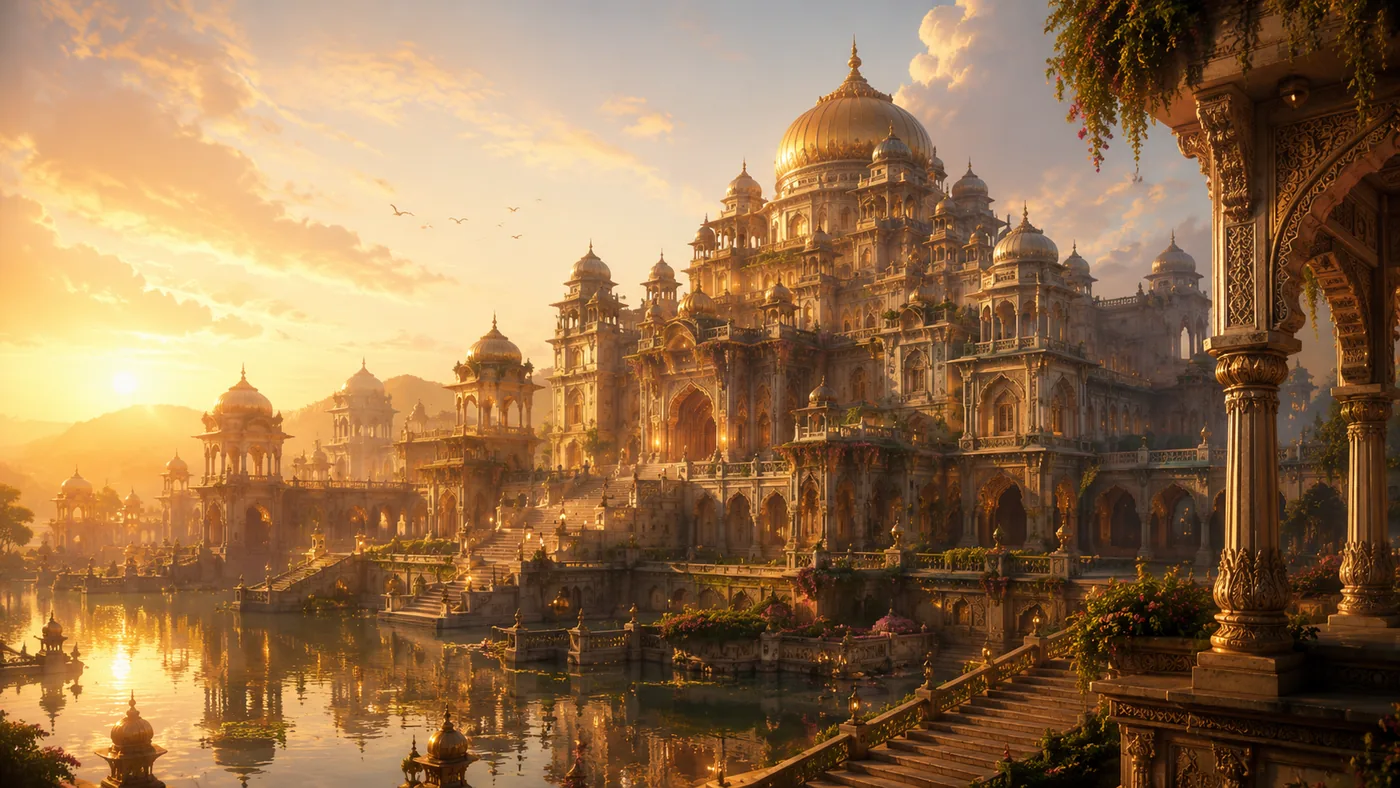 Glowing blue crystal city with spires and domes deep beneath the ocean, lit by sunlight rays with fish swimming past, fantasy concept art