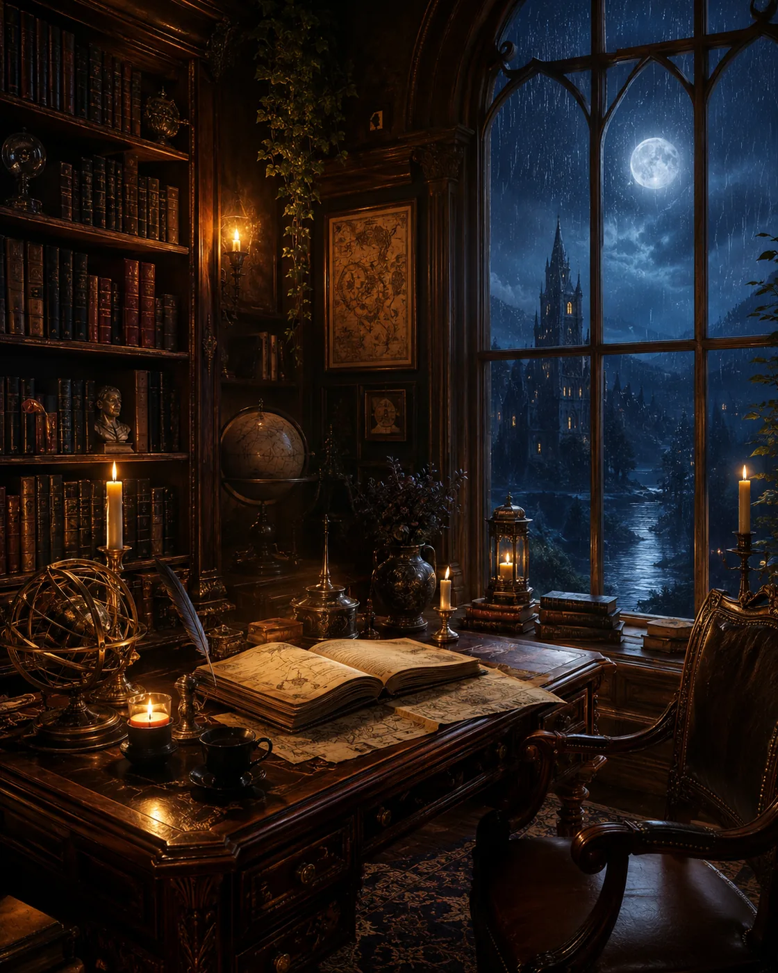 Dark academia magical study room with antique books, candles and moonlit window