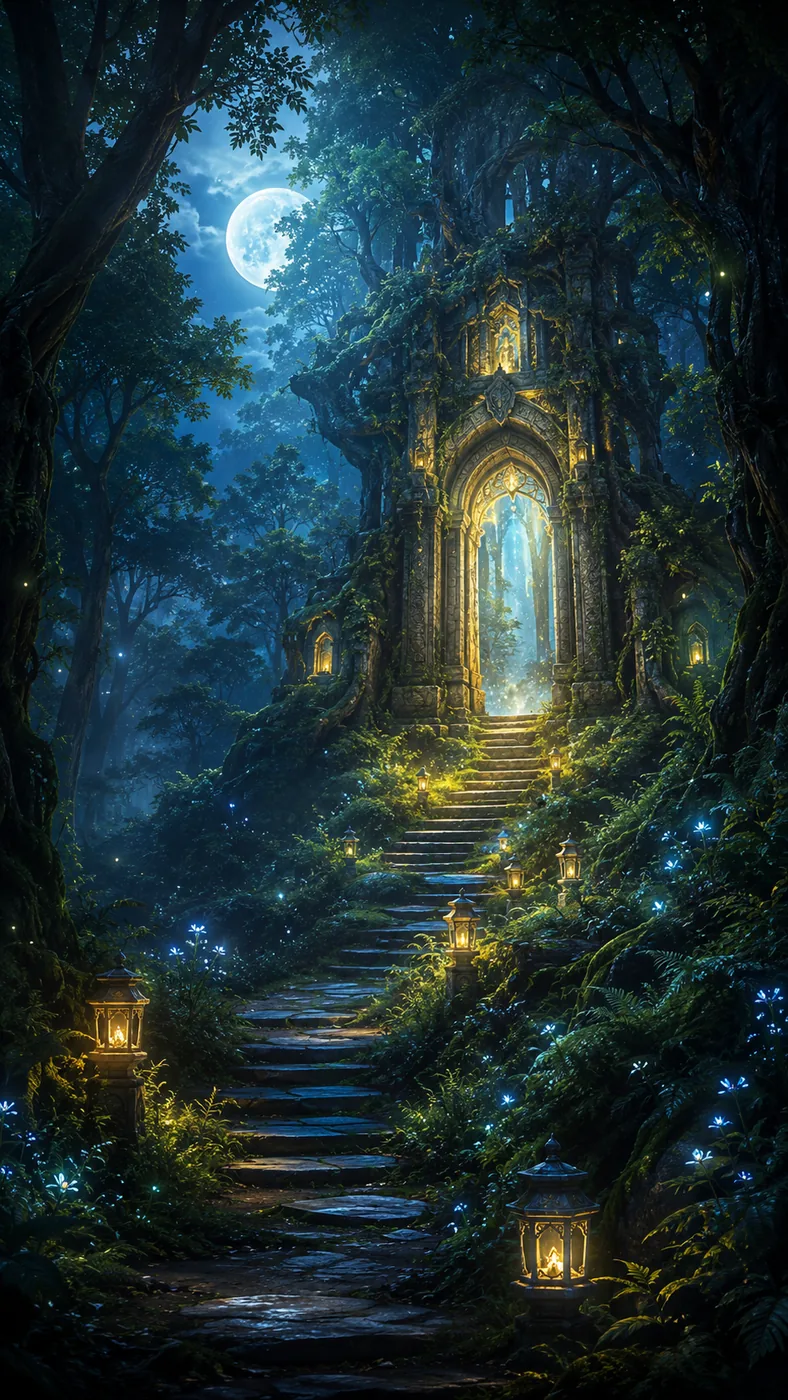 Robed traveller with a staff walking toward a glowing blue temple doorway flanked by giant guardian statues under twin moons in a desert, fantasy concept art