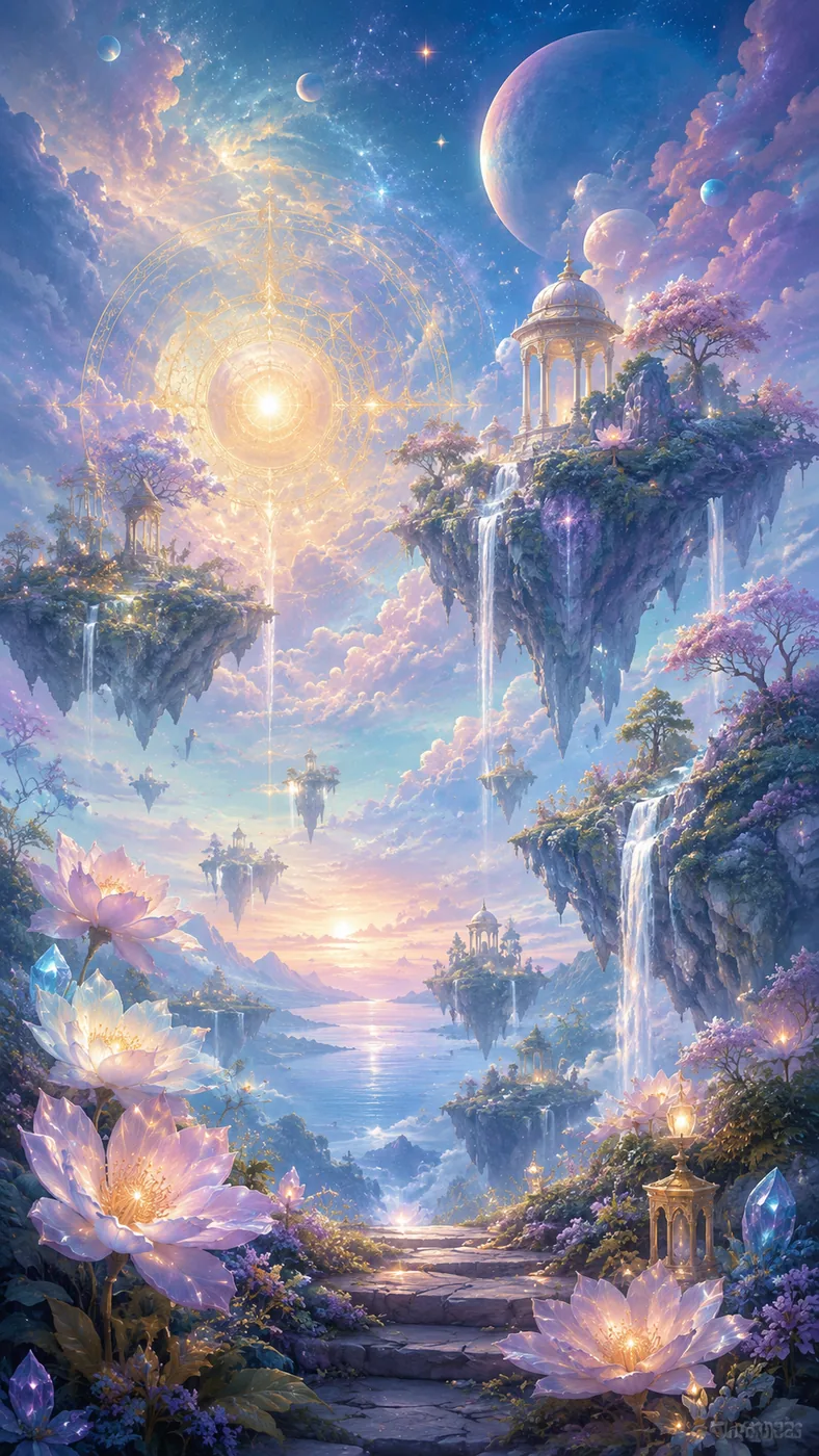 Dreamlike cosmic garden with floating islands, glowing flowers and celestial sky