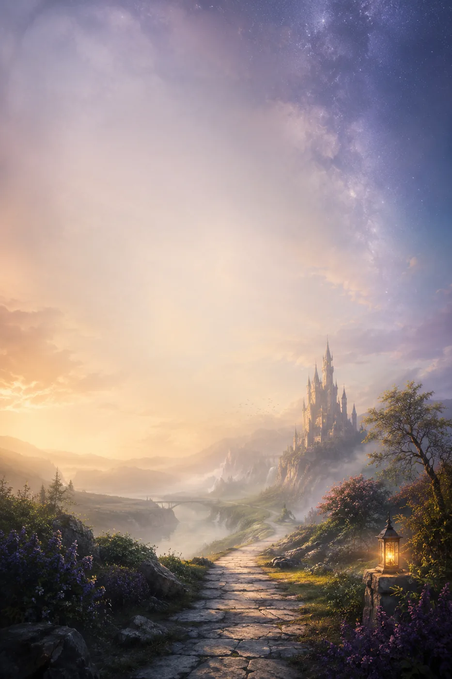 Fantasy book cover background with distant castle, mystical landscape and empty title space