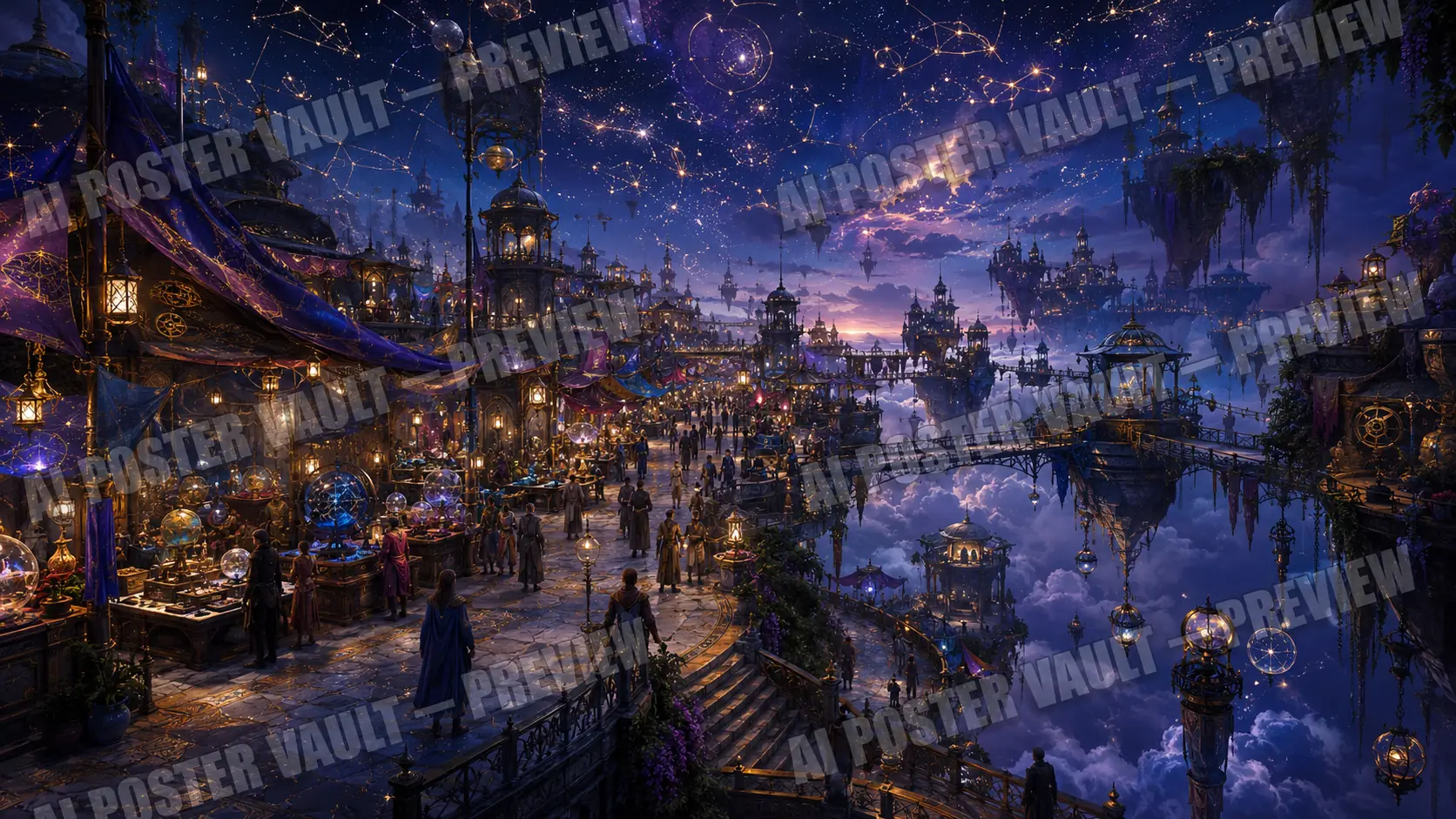 Busy floating night market with glowing star-map orbs and constellation lines above the clouds, merchants and shoppers on lantern-lit walkways, fantasy concept art