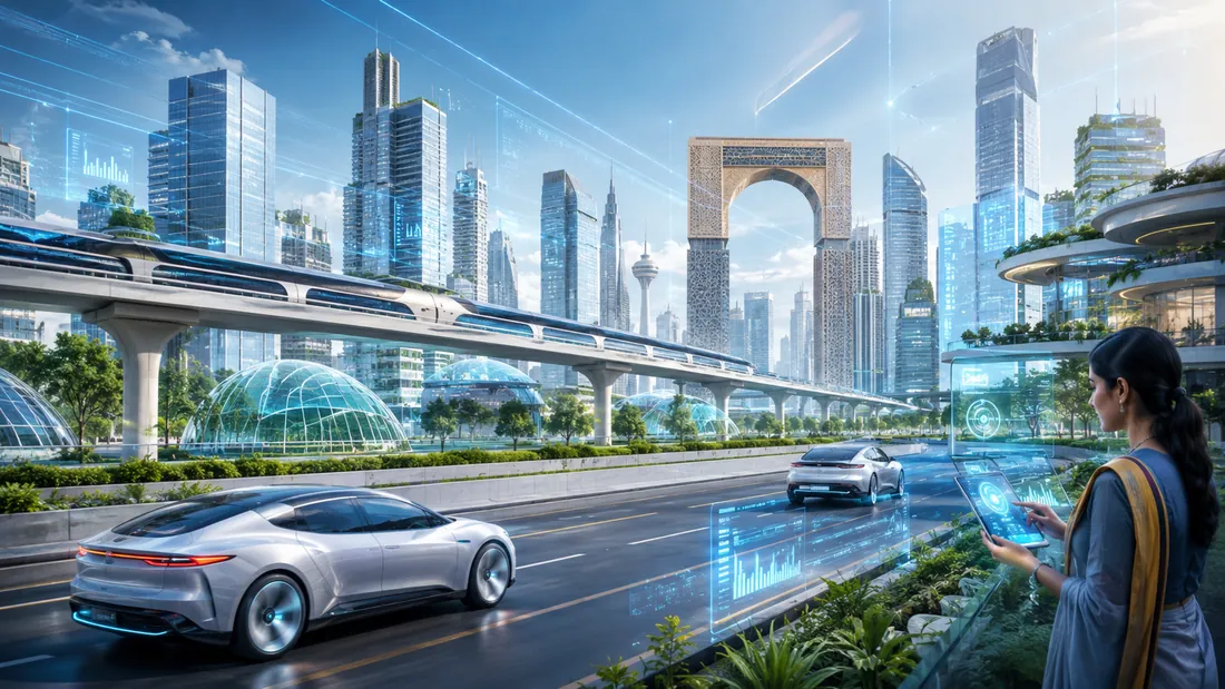 Futuristic Indian smart city with elevated monorail, electric cars and a woman using holographic finance dashboards