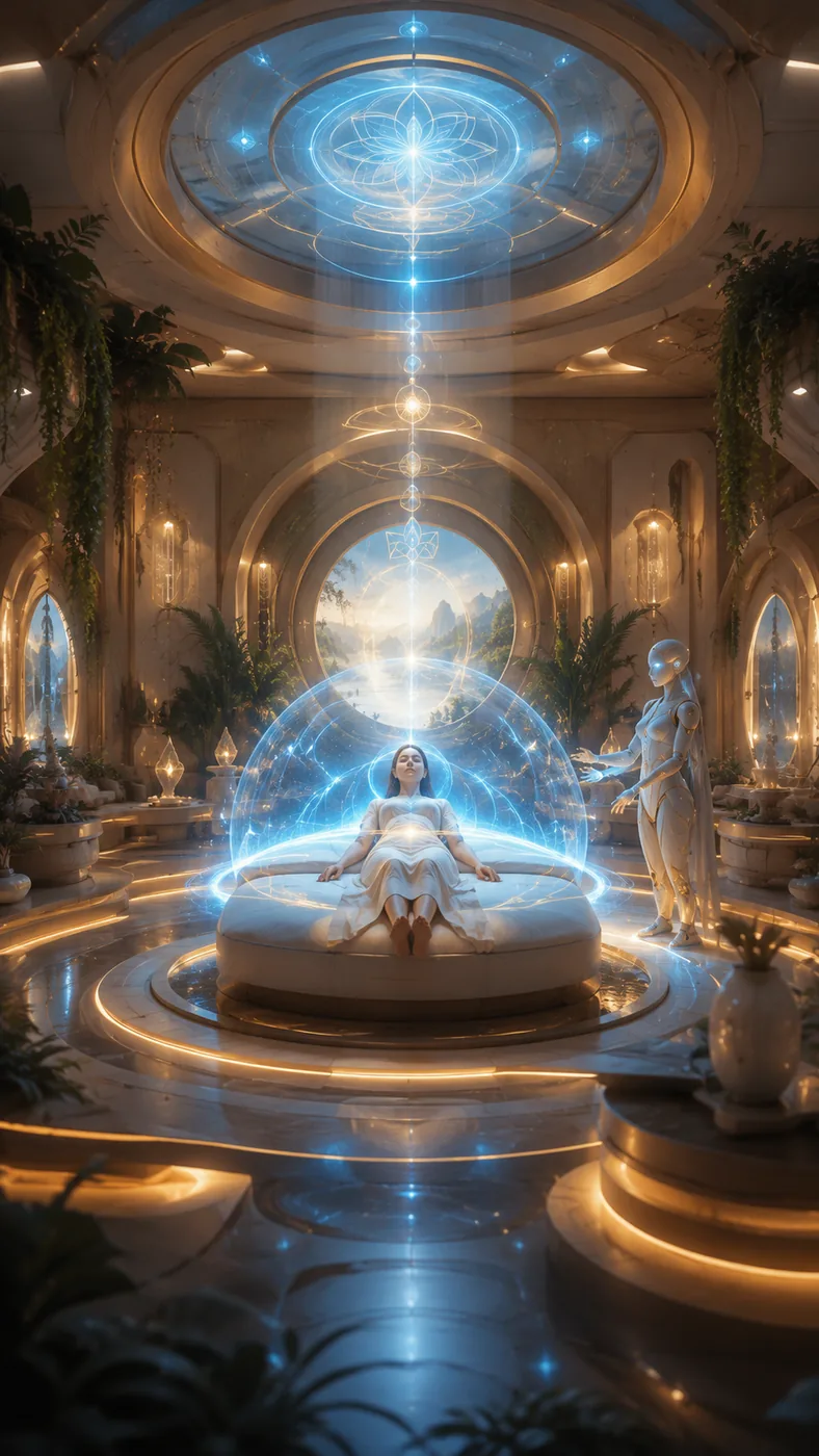 Futuristic spiritual healer chamber with blue gold energy and sacred geometry
