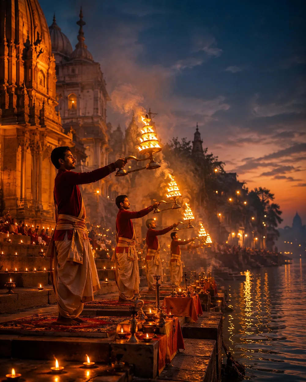 Priests performing Ganga Aarti with large diya lamps at dusk on the riverside ghats