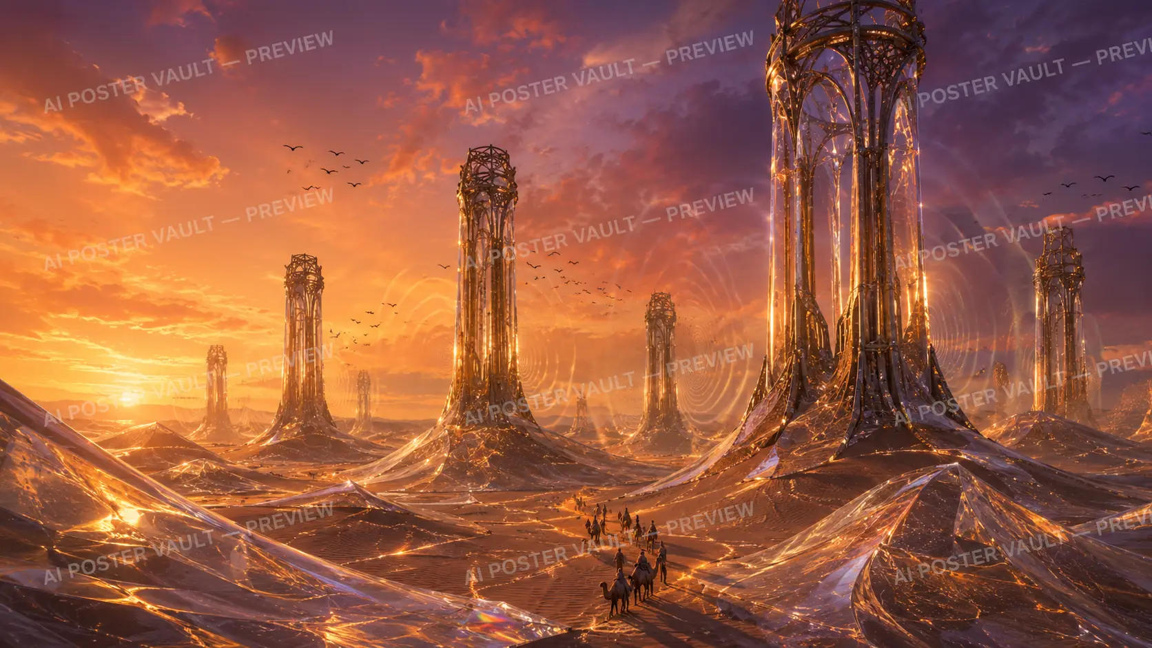 Camel caravan crossing a glass-like desert of glowing dunes beneath tall resonant crystal towers at sunset, fantasy concept art