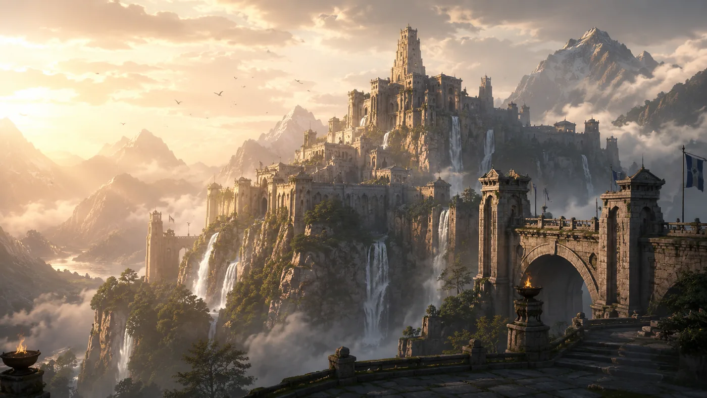 Grand fantasy mountain fortress surrounded by waterfalls and glowing morning mist