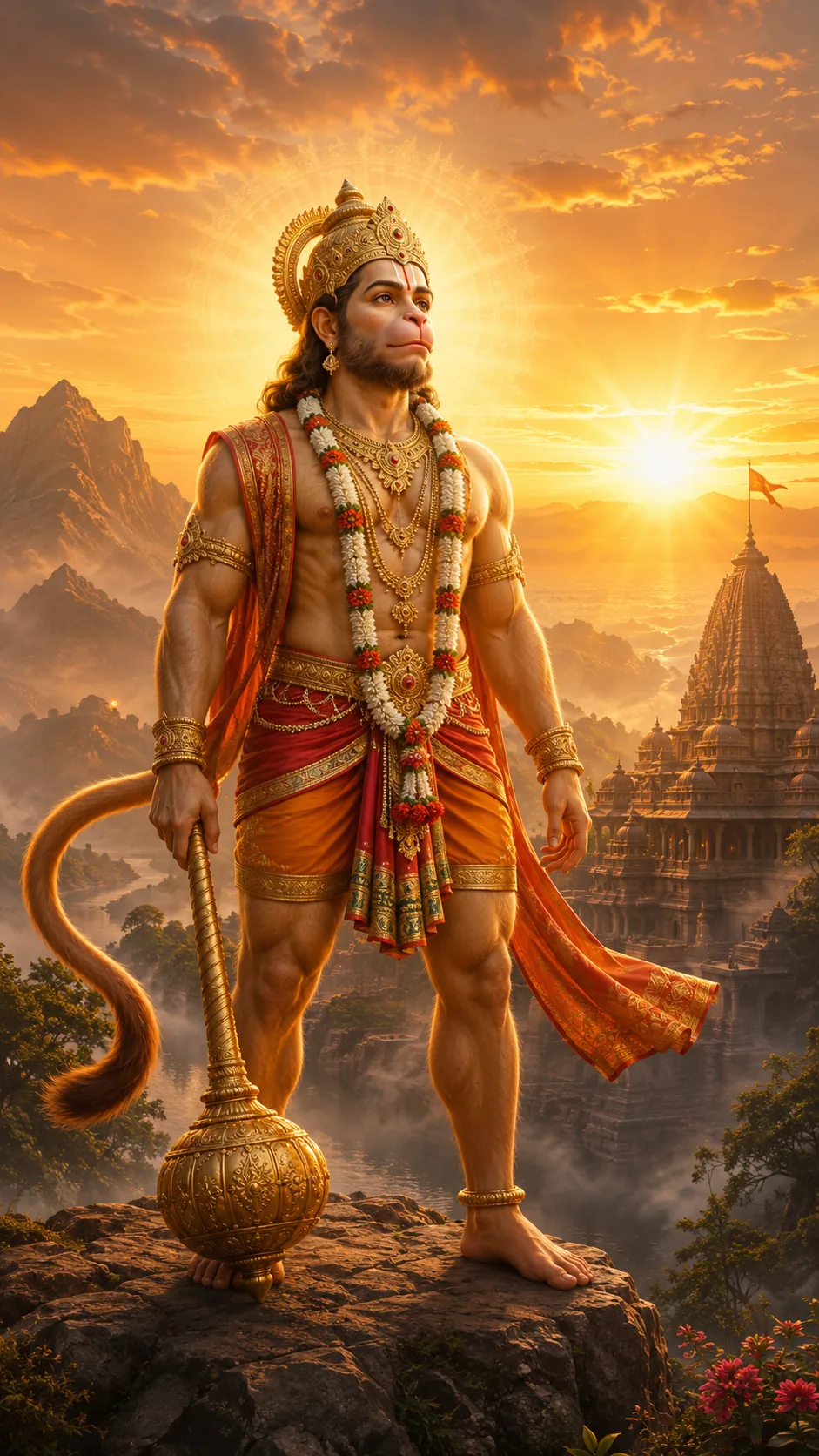 Hanuman standing with gada at sunrise before a temple, devotional strength poster