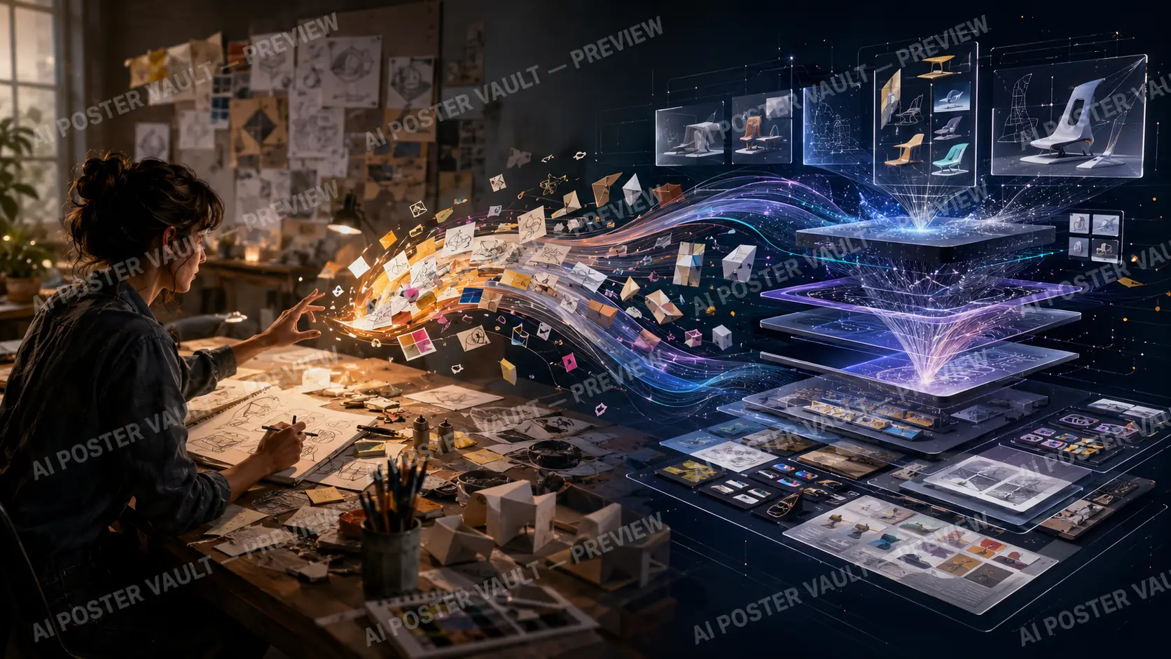 Designer sketching product concepts at a desk covered in drawings and sketches that flow into a glowing holographic AI design and generation system