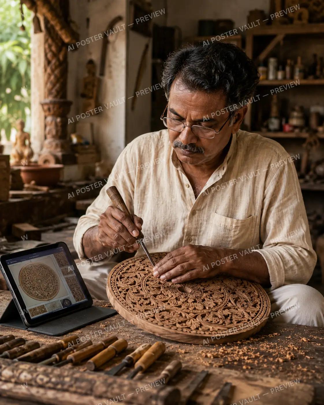 Indian woodcarving artisan carving an intricate floral mandala panel by hand while referencing the same design pattern displayed on a tablet beside him