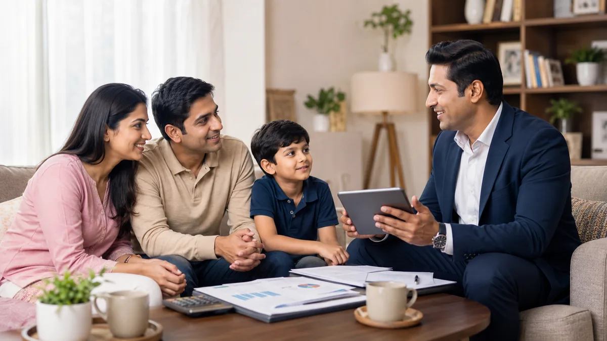 Indian family of three sitting on a sofa listening to a financial advisor explaining plans on a tablet, with charts and paperwork on the coffee table