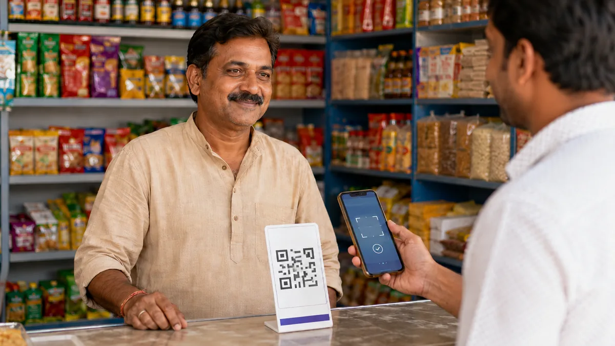 Small Indian shopkeeper standing behind a counter with a generic QR code stand while a customer scans it to pay with a smartphone