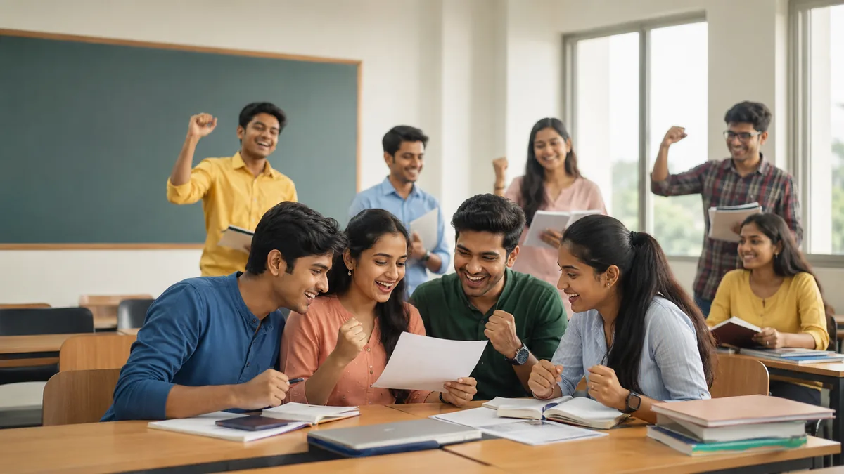Group of Indian coaching center students cheering and celebrating exam results together in a classroom