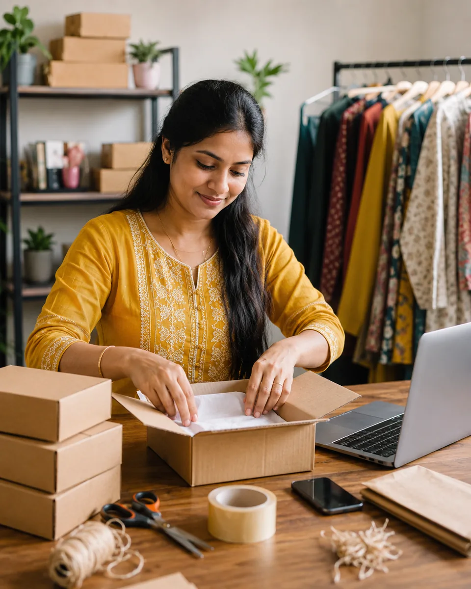 Indian woman home entrepreneur packing a cardboard box of online clothing orders at her desk with a laptop and clothing rack nearby