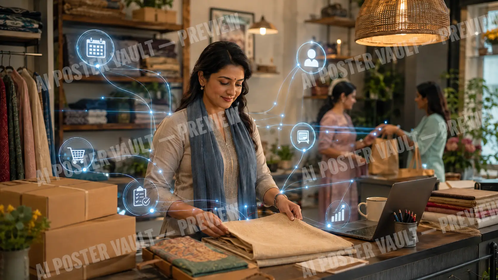 Indian textile shop owner folding fabric at her counter surrounded by glowing icons for orders, scheduling, messaging and analytics, with customers shopping in the background