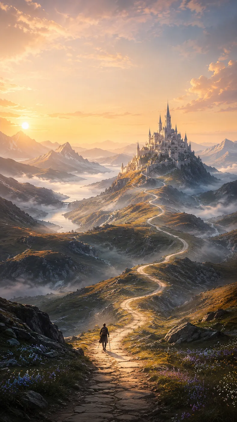 Lone traveller walking along a winding path toward a distant fantasy castle