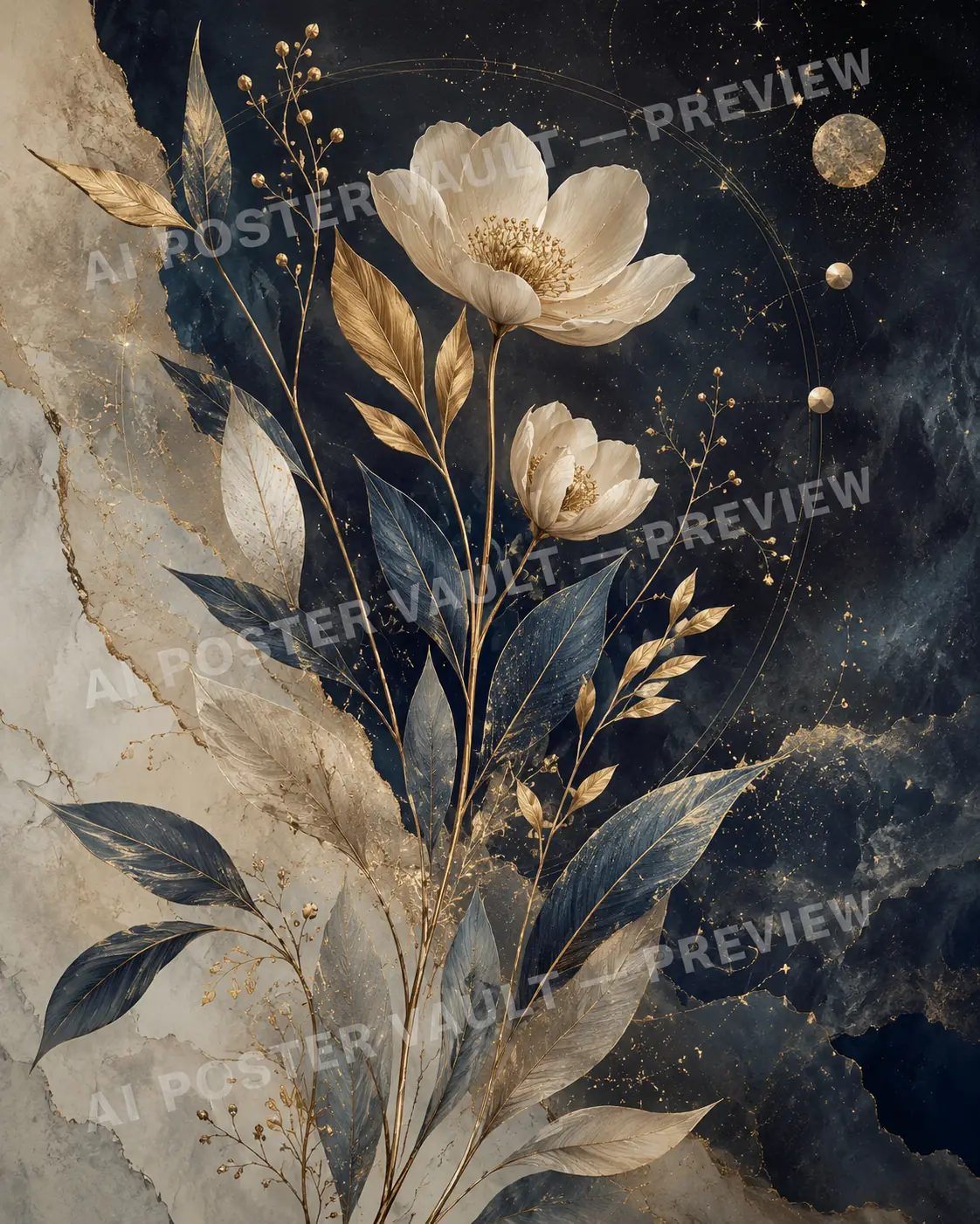 Elegant gold and cream botanical flowers and leaves against a deep navy cosmic background with faint stars, a moon and marble texture, luxury printable wall art