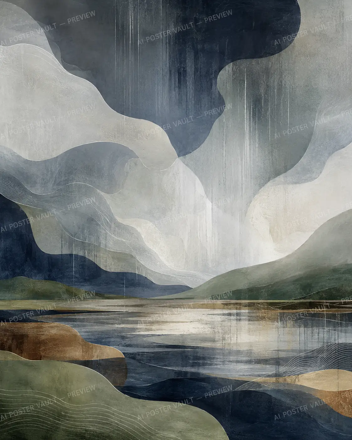 Abstract layered landscape in navy, grey, green and gold with flowing rain-streaked cloud shapes above a still reflective lake, monsoon-inspired wall art