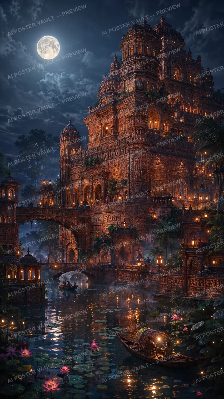 Monumental carved terracotta citadel glowing under a full moon beside a lotus-covered river, fantasy concept art