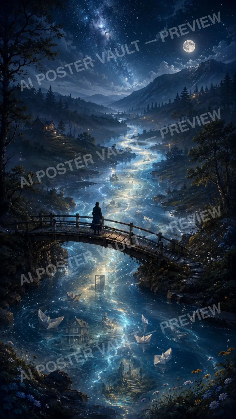 Figure standing on a wooden bridge over a glowing river carrying paper boats and a floating lit doorway through a moonlit valley, fantasy concept art