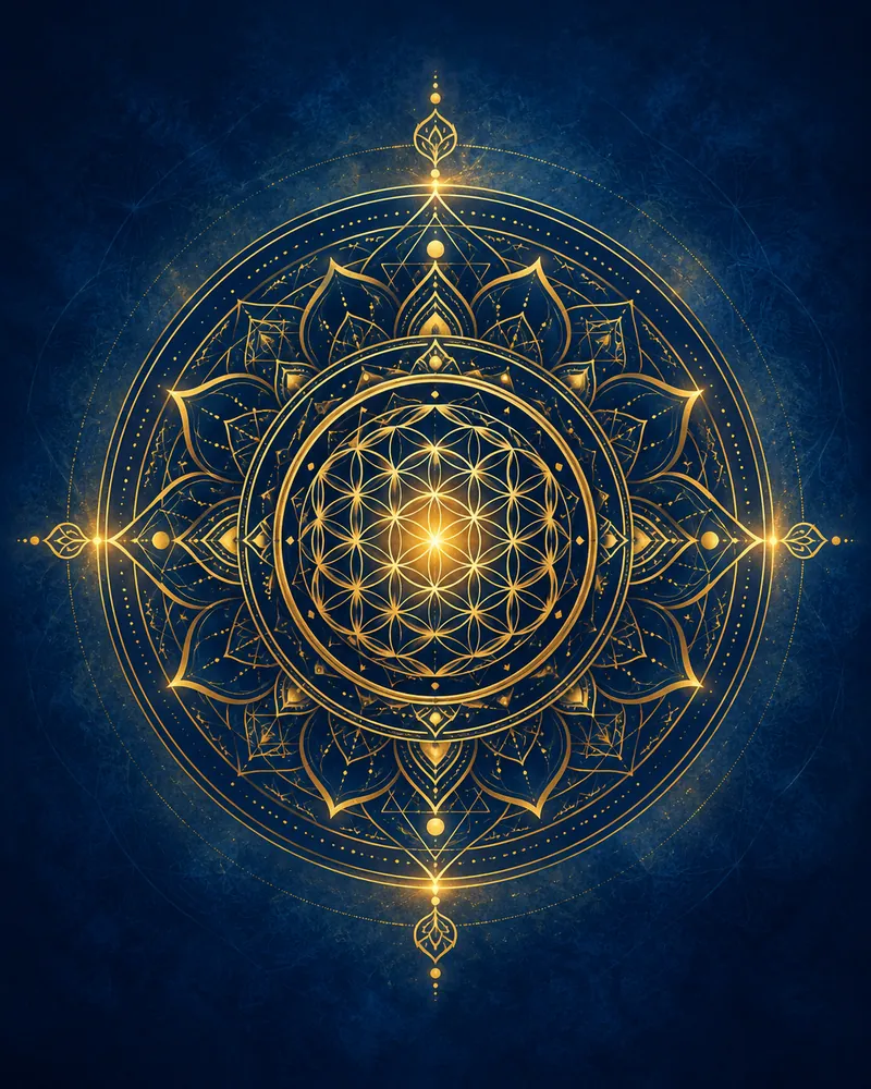 Warm gold sacred geometry mandala on deep blue background spiritual printable wall art