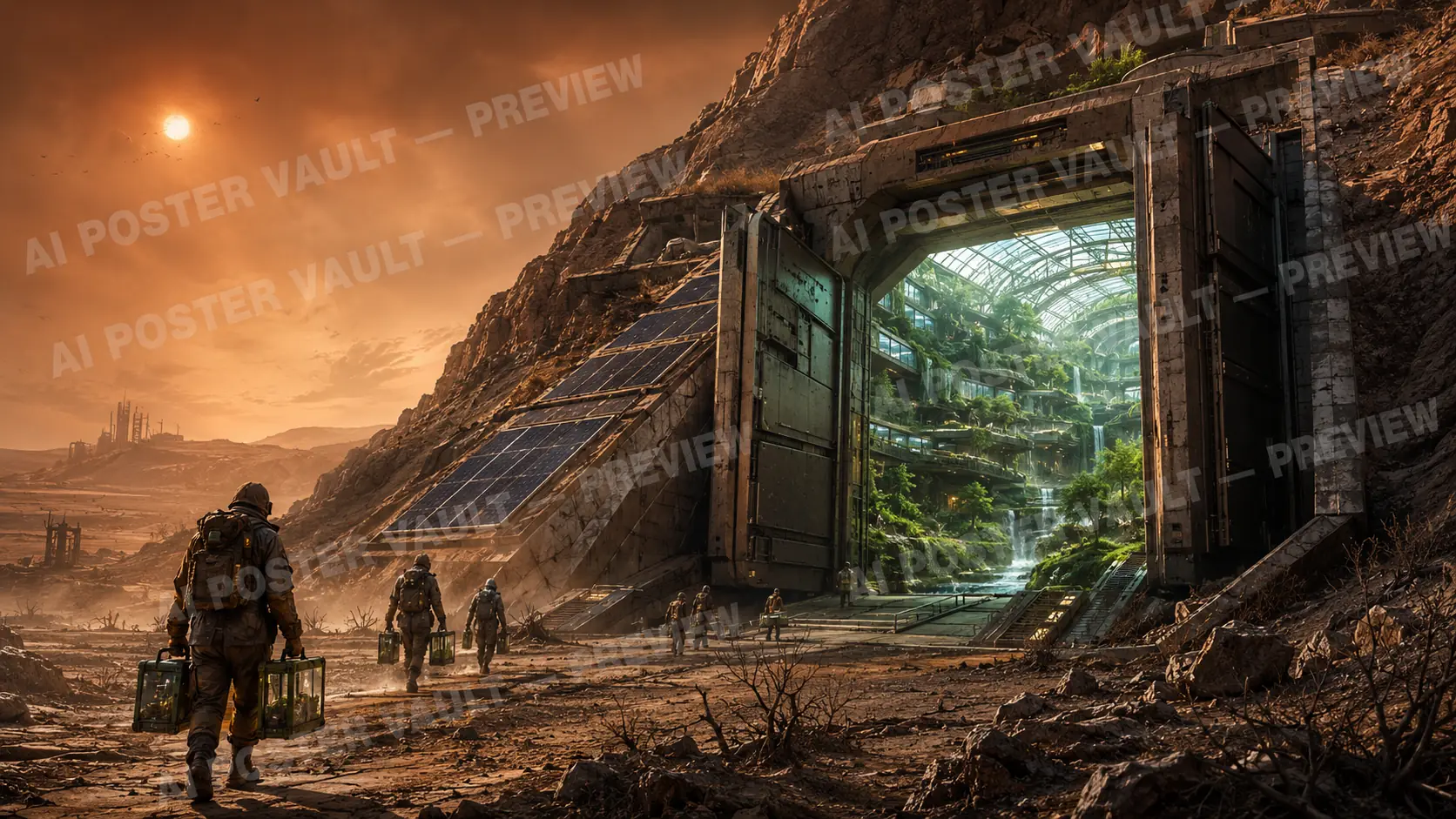 Workers carrying sealed seed containers toward a massive vault door opening into a green, glass-roofed biodome, dying orange sun over a barren landscape, fantasy concept art