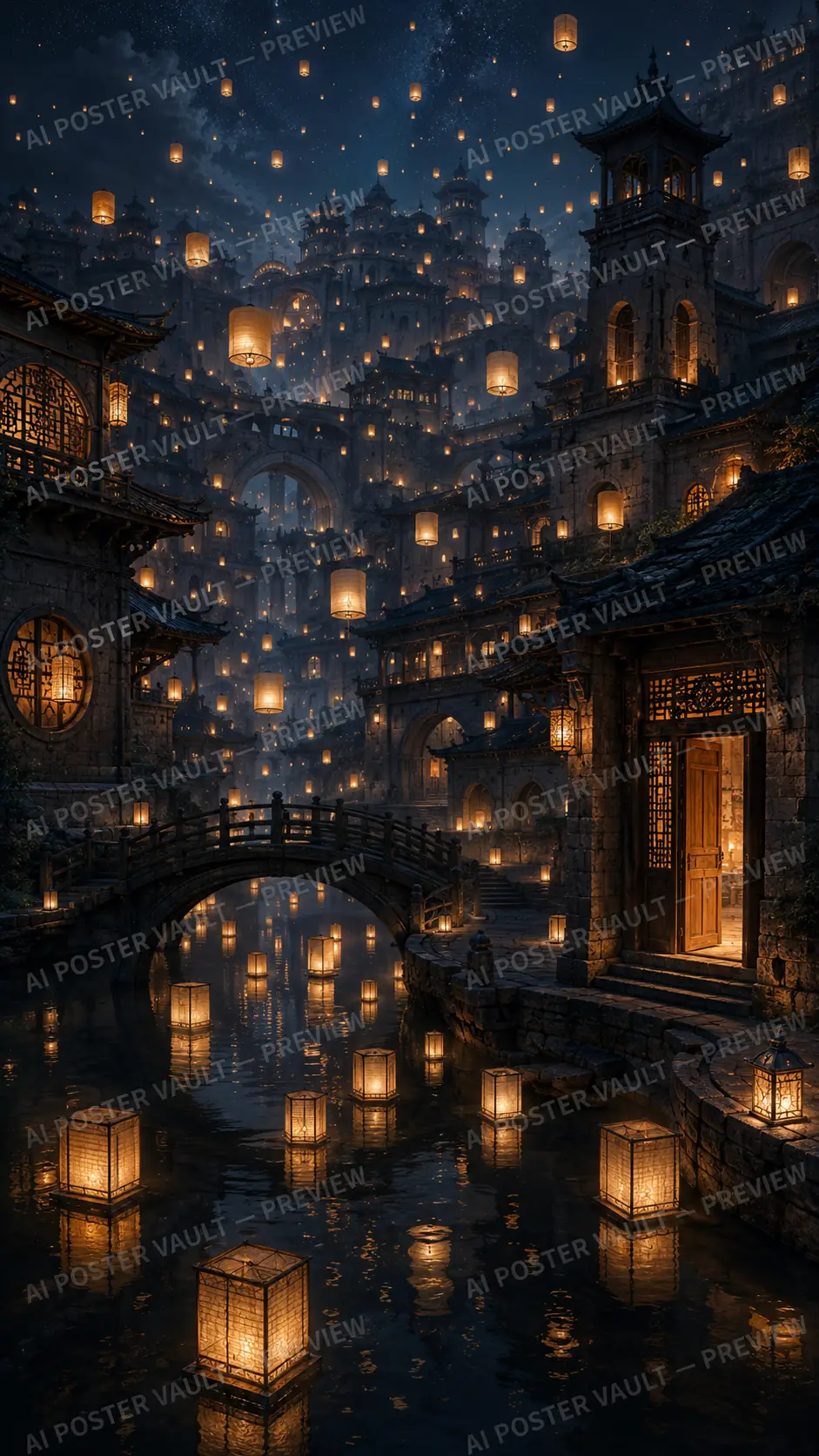 Quiet lantern-lit canal town at night with hundreds of floating and hanging paper lanterns, a stone bridge and an open wooden doorway, fantasy concept art