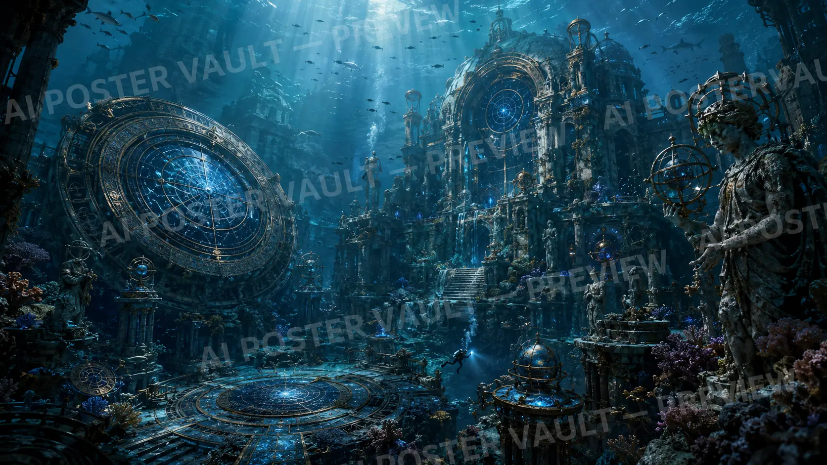 Underwater temple ruins with giant golden astrolabes and star-map discs, coral, statues and a diver exploring beams of sunlight, fantasy concept art