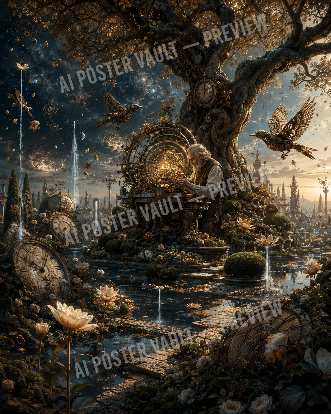 Elderly clockmaker working on a large ornate clockwork mechanism beneath an ancient tree hung with clocks, mechanical birds and glowing flowers in a garden, fantasy concept art