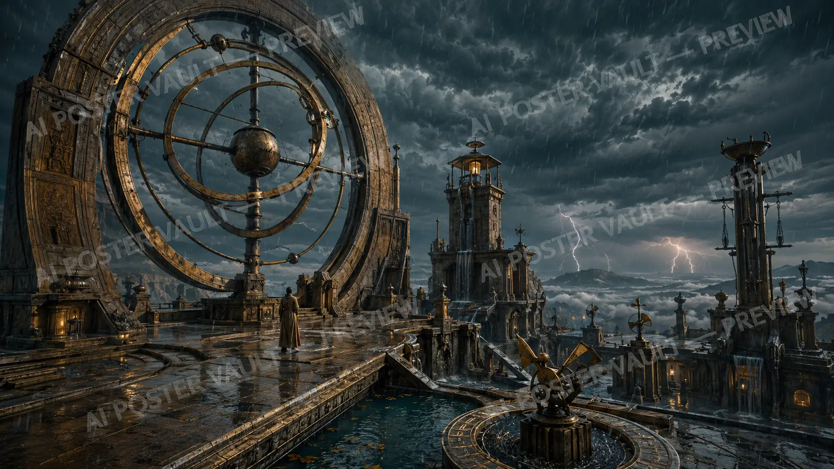 Robed figure standing beside a giant brass armillary sphere on a rain-soaked rooftop observatory during a lightning storm, fantasy concept art