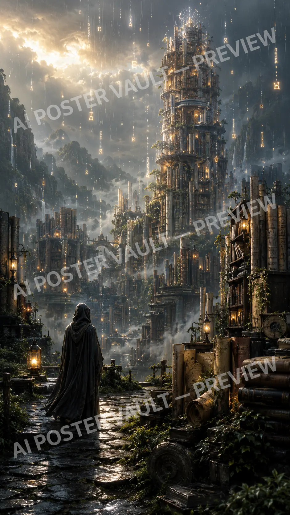 Hooded traveller standing before a towering ancient library rising from stacked scrolls and books, rain falling through misty mountains at dawn, fantasy concept art