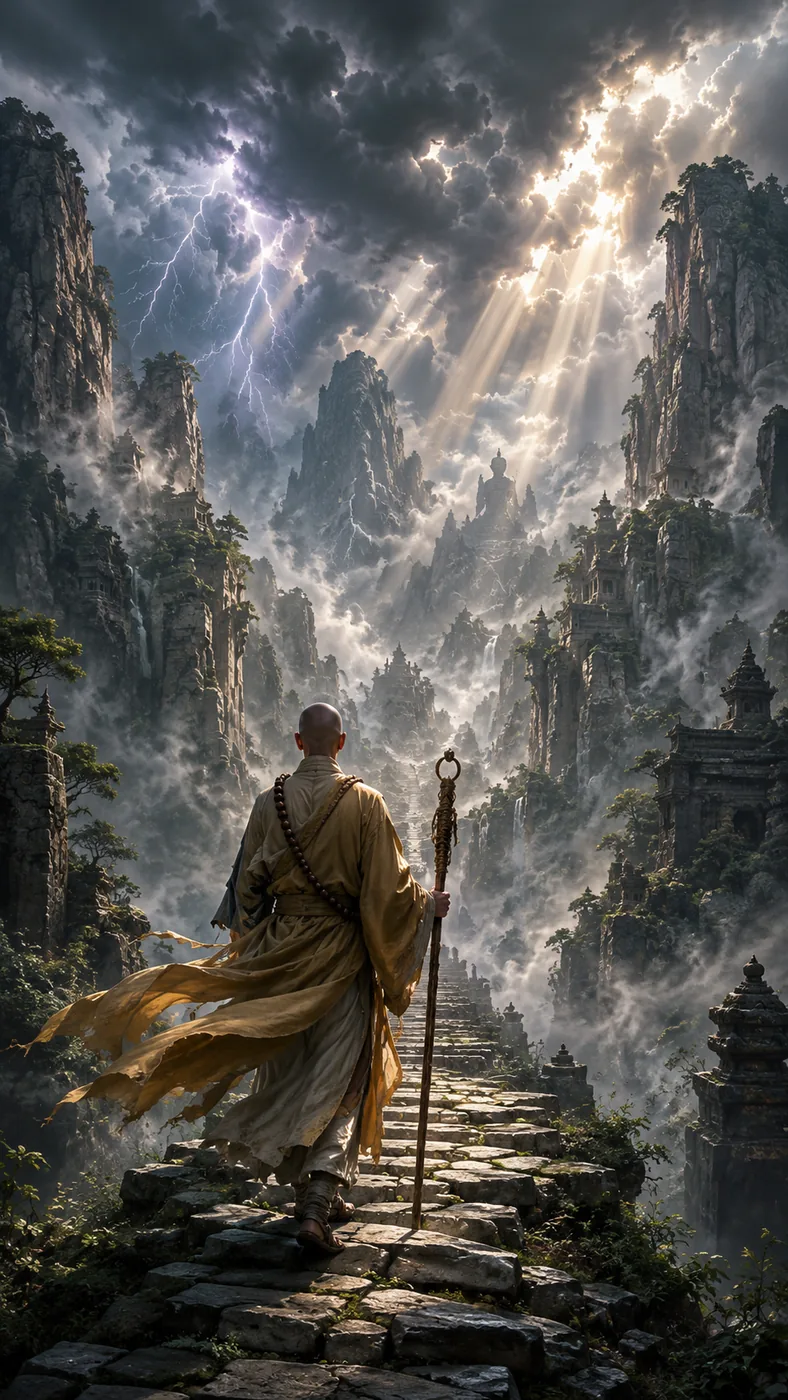 Robed monk with a ringed staff climbing ancient stone steps toward a misty valley of rock spires and shrines under a lightning storm, fantasy concept art